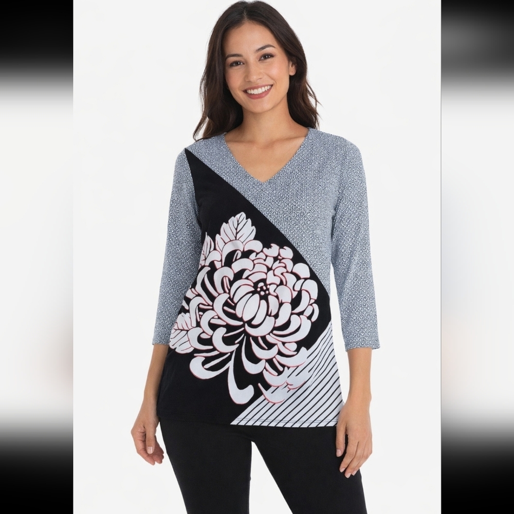 EASYWEAR BY CHICOS Womens 0/S Flower Tropical V-Neck 3/4 Sleeve Top Black Pink